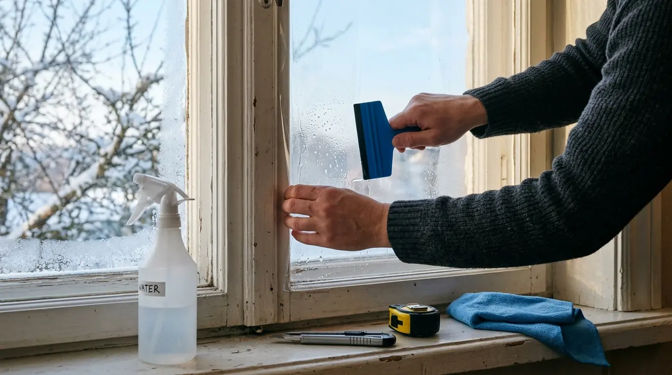 Horizontale foto van handen die op een houten raam enkel glas isolerende, neutraal getinte raamfolie aanbrengen met een rakel; montagegereedschap op de vensterbank, bevroren buiten