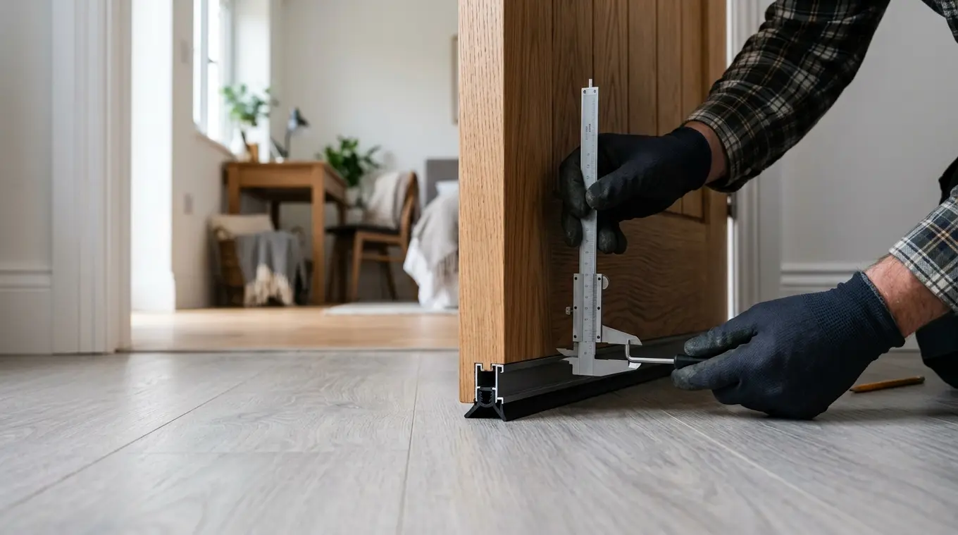 Close-up van de onderkant van een houten binnendeur met een onzichtbare inbouw valdorpel; de afdichting is net neergelaten en een vakman controleert de uitlijning met een schuifmaa