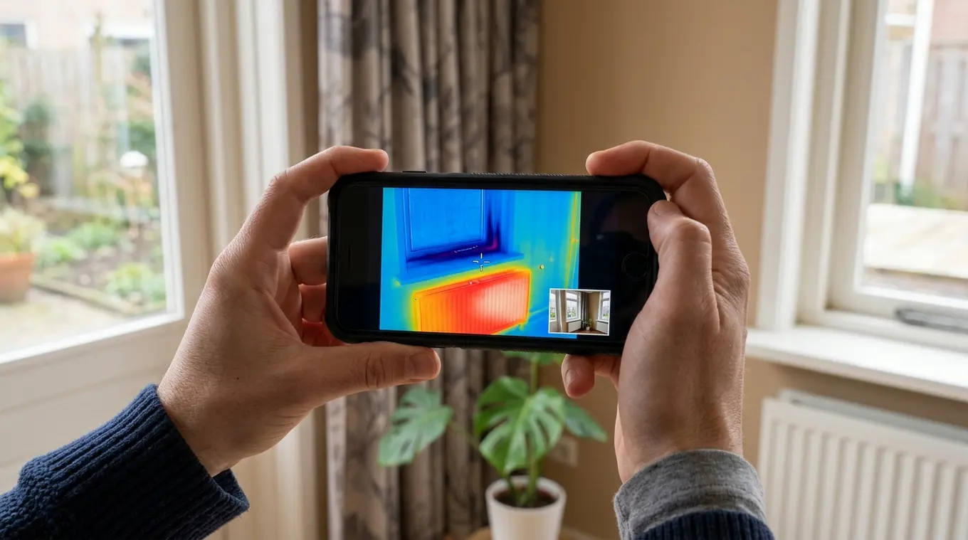 Close-up van iemand die een compacte thermische camera/smartphone vasthoudt; op het scherm een gedetailleerd warmtescan van een raam en radiator met een kleurverloop, achtergrond v