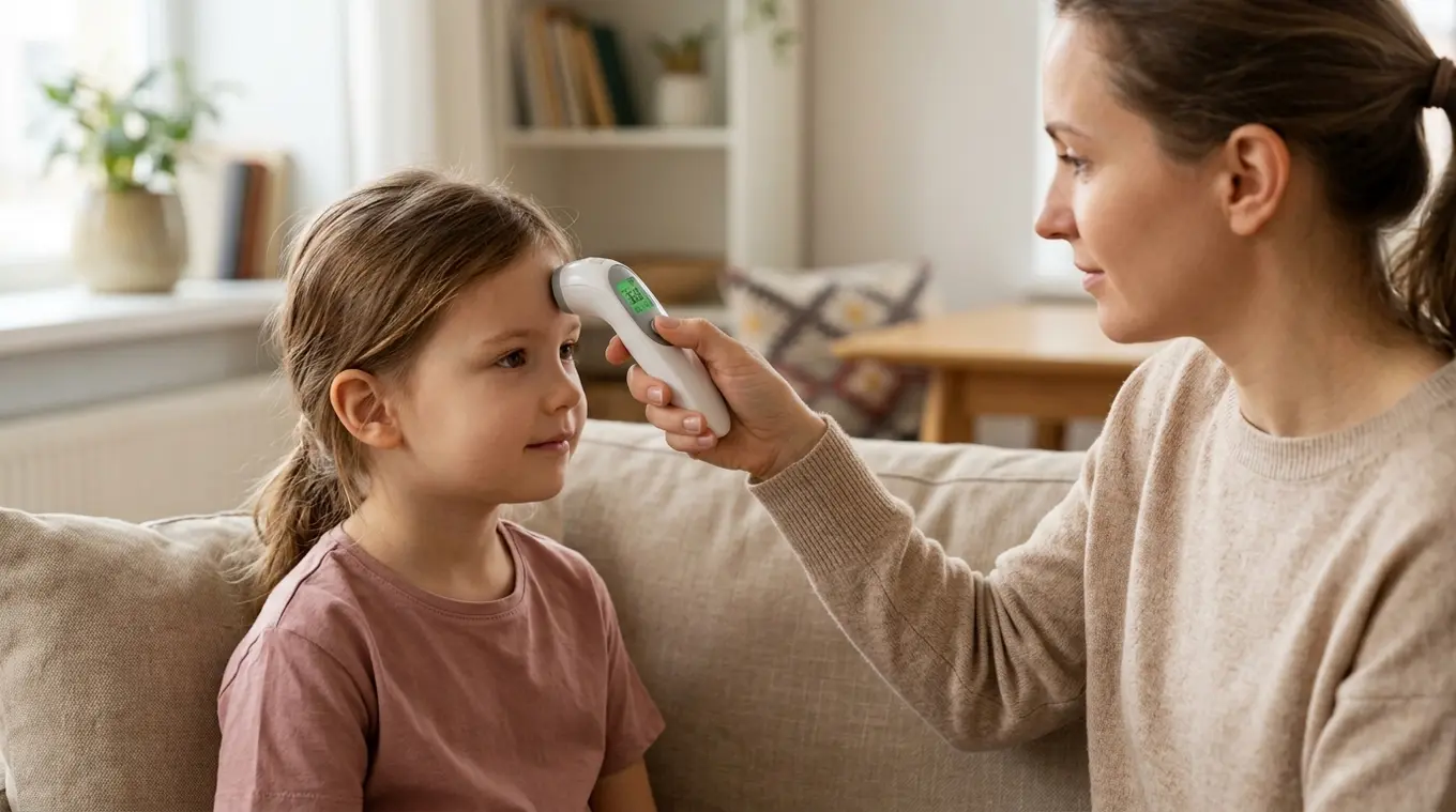 Ouder voert met een kleine witte infrarood-temporale-arterie-thermometer een vaste scanbeweging over het voorhoofd van een rustig kind, geen logo's zichtbaar, horizontale close-up 