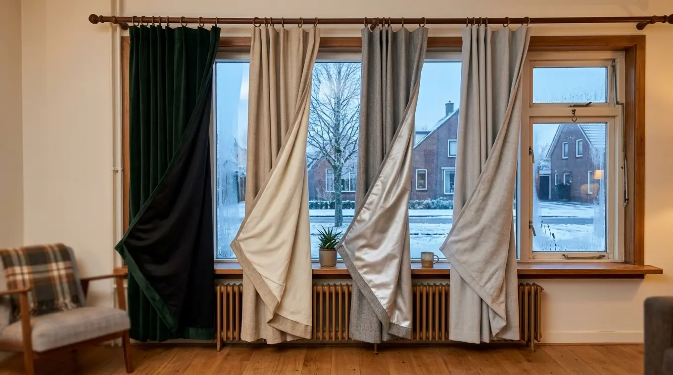 Horizontale foto van een raam met vier thermische gordijnpanelen naast elkaar; links velvet blackout, duo-voering, reflecterende backing en dimout-thermal, gevouwen zodat voeringen