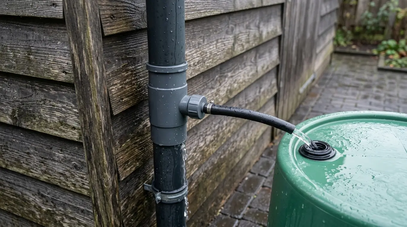 Close-up van een compacte regenton vulautomaat netjes aangesloten op een smalle regenpijp bij een houten schuur; strakke adapter en afdichting, regenton zichtbaar op de achtergrond