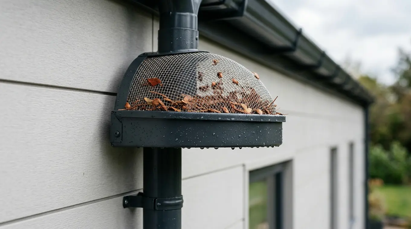 Close-up van antraciet inlaat bladvanger met fijnmazig gaas bovenop een regenpijp tegen een moderne gevel, waarin kleine blaadjes en zaadjes gevangen liggen.