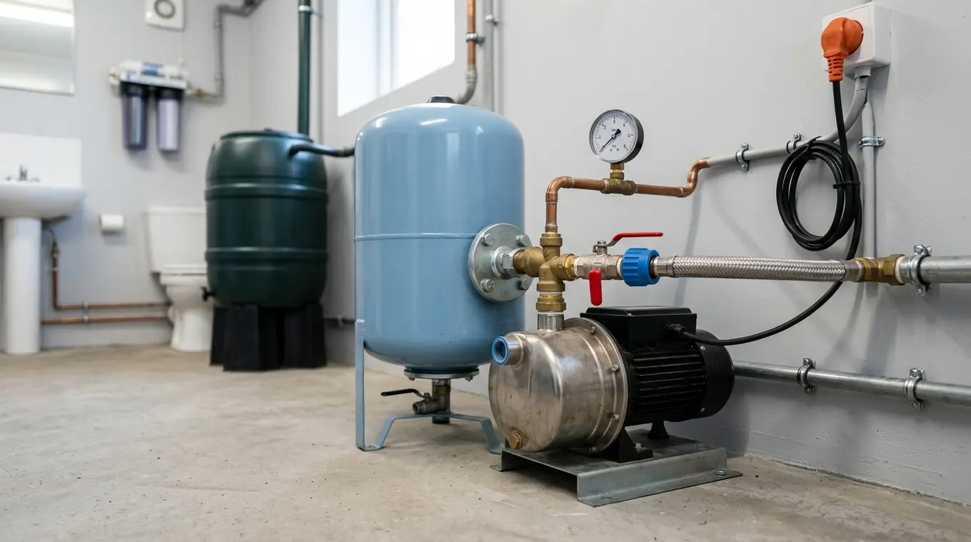 Horizontale foto van een geïnstalleerde zelfaanzuigende hydrofoorset met 24L drukvat in een nette kelderruimte, zonder merklogo's; metalen pomp, leidingen en drukmanometer in beeld