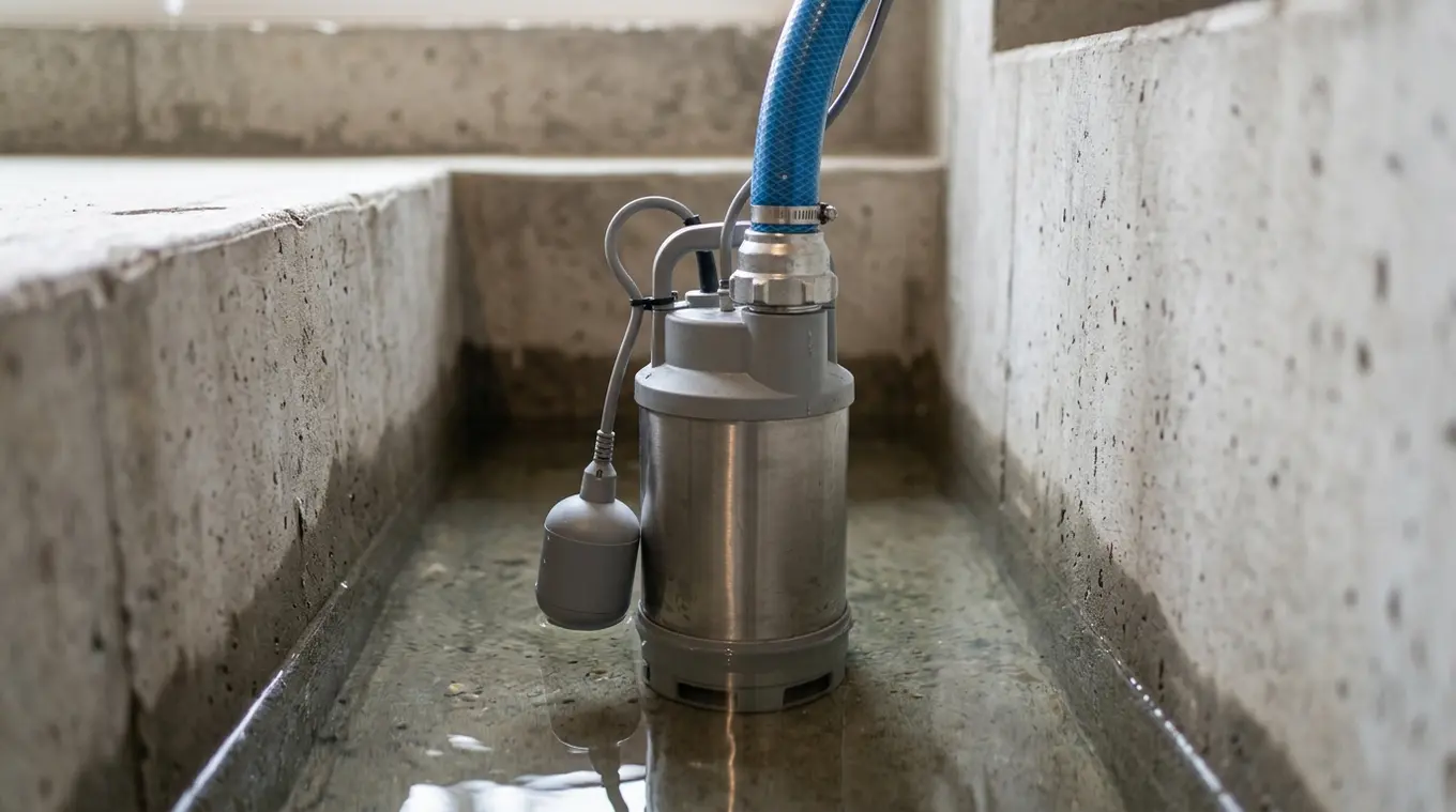 Horizontale foto van een slanke zilverkleurige dompelpomp zonder logo in een smalle betonnen schacht, deels onder schoon water met zichtbare geïntegreerde vlotter en aangesloten af