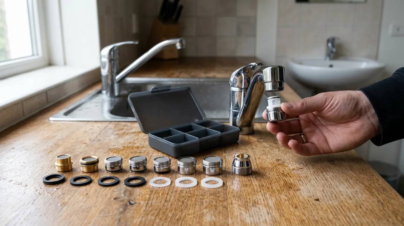 Close-up van een set kraanbeluchters en rubber afdichtringen op een houten aanrecht, met een hand die een inzetstuk bij een keukenkraan houdt; keuken- en badkamerkranen vervaagd op