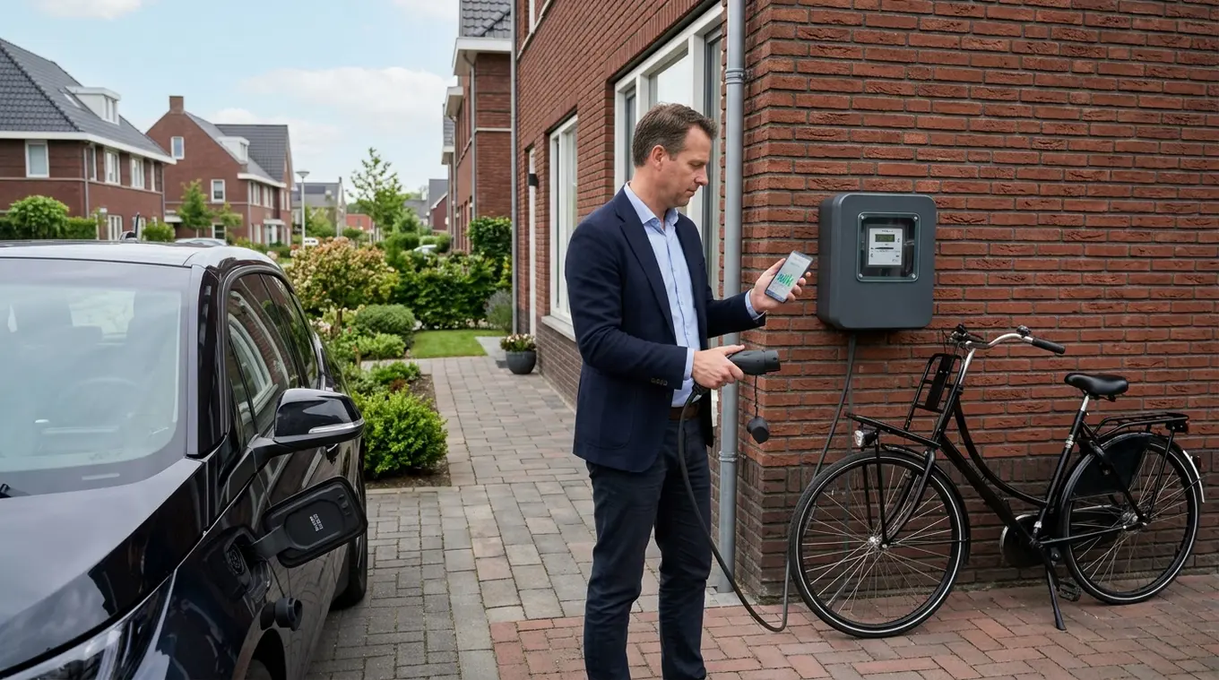Horizontale foto van een wandgemonteerde laadpaal met vaste kabel aangesloten op een elektrische auto bij een Nederlandse woning; persoon houdt smartphone met onscherp laadscherm; 