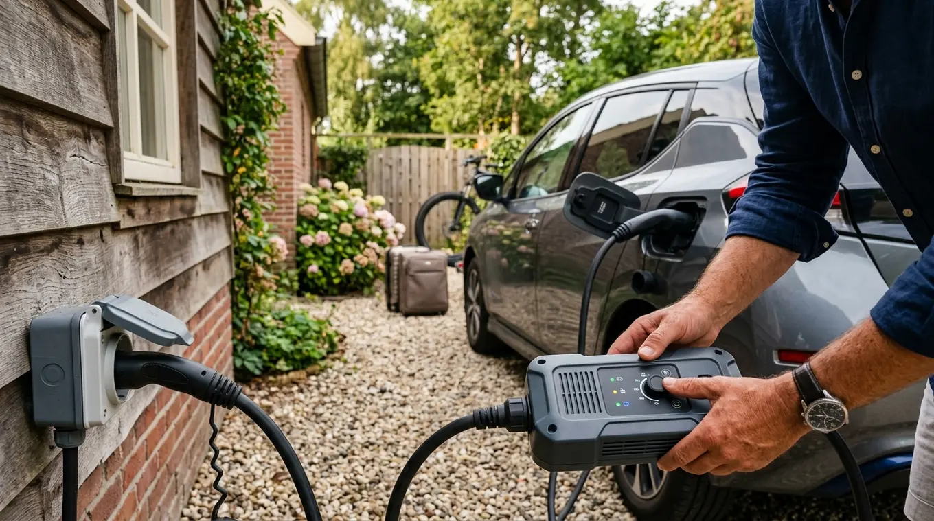 Horizontale foto van een generieke elektrische auto opgeladen met een draagbare Schuko-naar-Type2 laadkabel bij een vakantiehuis; een compacte laadmodule met instelknop en LED's na