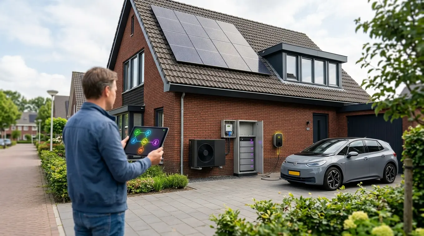 Breedbeeldfoto van een modern Nederlands huis met zonnepanelen, een generieke EV-laadpaal en auto, een warmtepomp buiten en een huisbatterij in een open technische kast. Een persoo