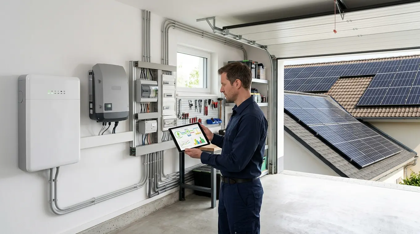 Fotorealistische horizontale foto van een woningtechnische ruimte met een wit wall-mounted thuisbatterij en een neutrale omvormer; een persoon bekijkt op een tablet kleurrijke ener