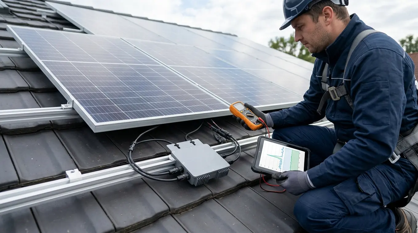 Horizontale foto van een nette dakinstallatie met twee zonnepanelen per unit en een compacte, matgrijze micro-omvormer onder de panelen; een installateur controleert verbindingen m