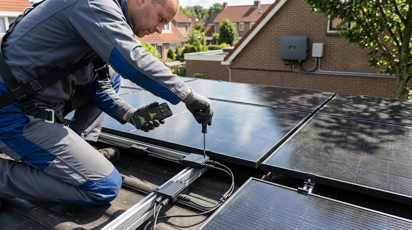 Monteur bevestigt kleine optimizer-modules op enkele bestaande zonnepanelen op een dak; andere panelen blijven ongewijzigd. Een smartphone toont een generiek monitoringdashboard. E