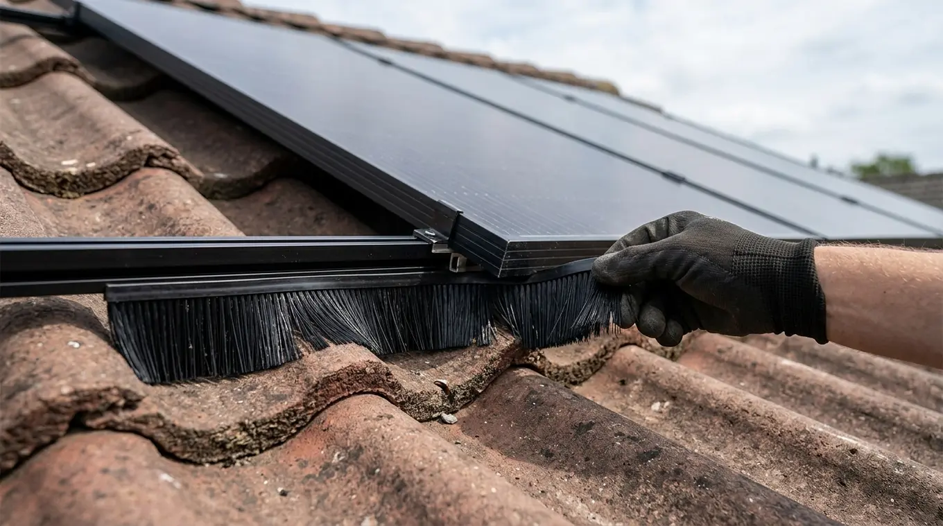 Horizontale foto: close-up van een zwarte flexibele borstelstrook aangesloten tegen de onderrand van een zonnepaneel op een golvend pannendak; hand met werkhandschoen toont demonta