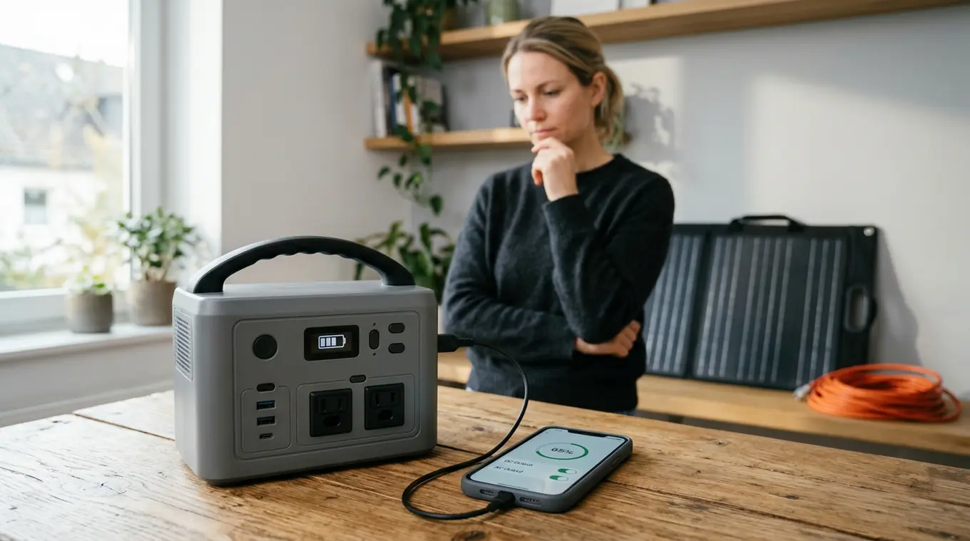 Horizontale realistische foto van een compact draagbaar powerstation zonder logo op een houten tafel, met een smartphone ernaast die een eenvoudige batterij- en aan/uit-indicator t