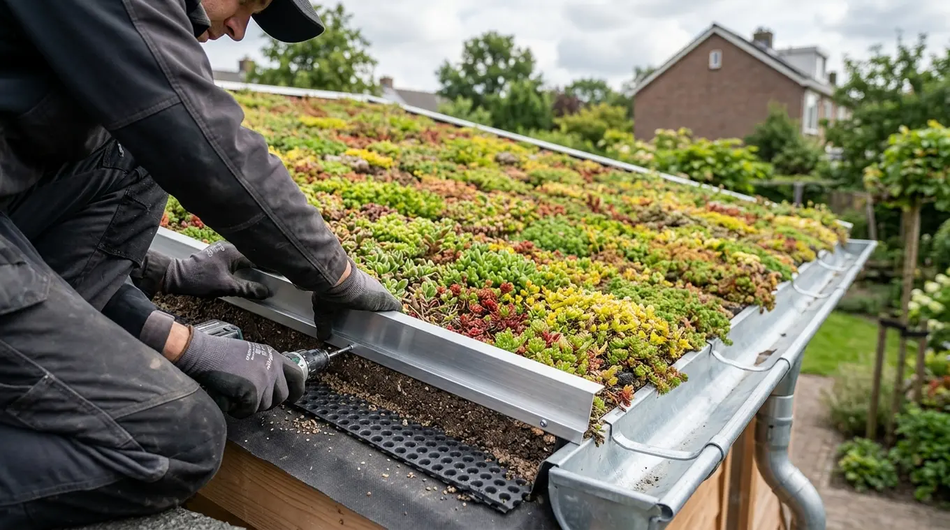 Horizontale foto van een licht hellend sedumdak (circa 20–25°). Voorgrond scherp: randafwerking met afschuifbeveiliging en zichtbare opbouwlagen, handschoenen van een vakman die ee