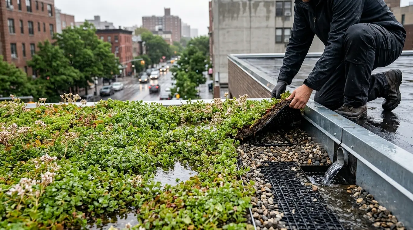 Horizontale foto van een retentie-sedummat op een plat dak na regen: compacte lage sedumplanten met waterdruppels en kleine plassen, zichtbare drainagelaag en overloop bij de dakra