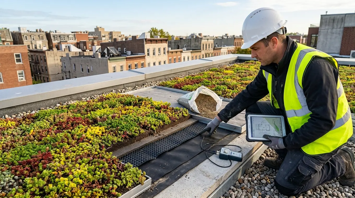 Horizontale foto van een lichtgewicht groendak op een plat dak: sedummat met een open proefpaneel dat de dunne opbouw toont, een constructeur met helm wijst naar de lagen; stedelij